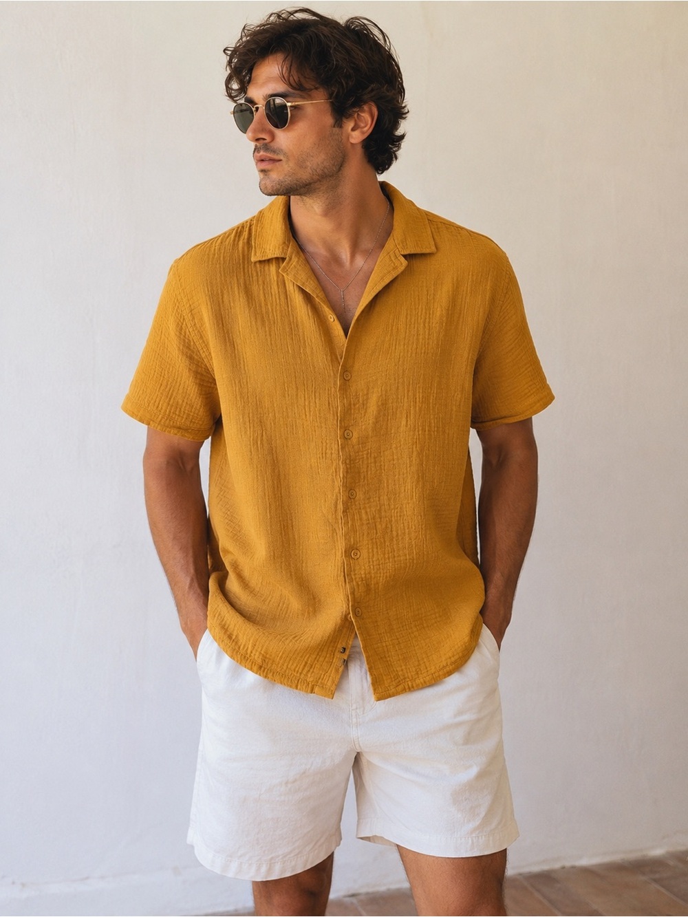 RSQ Mustard Yellow Double Gauze Cotton Camp Shirt Large Button Front